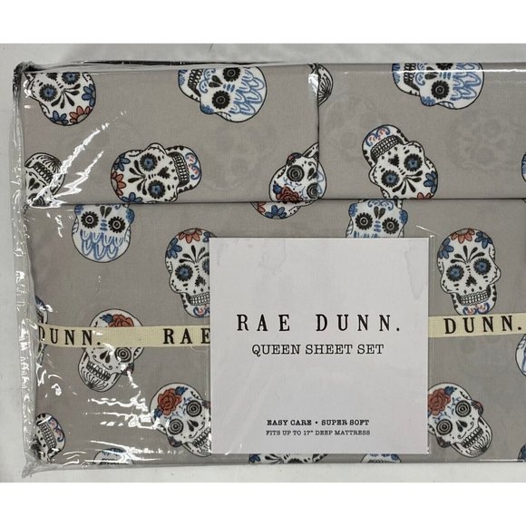 New Rae Dunn 4 Piece Queen Sheet Set Gray with Halloween Sugar Skull Print - Picture 1 of 2